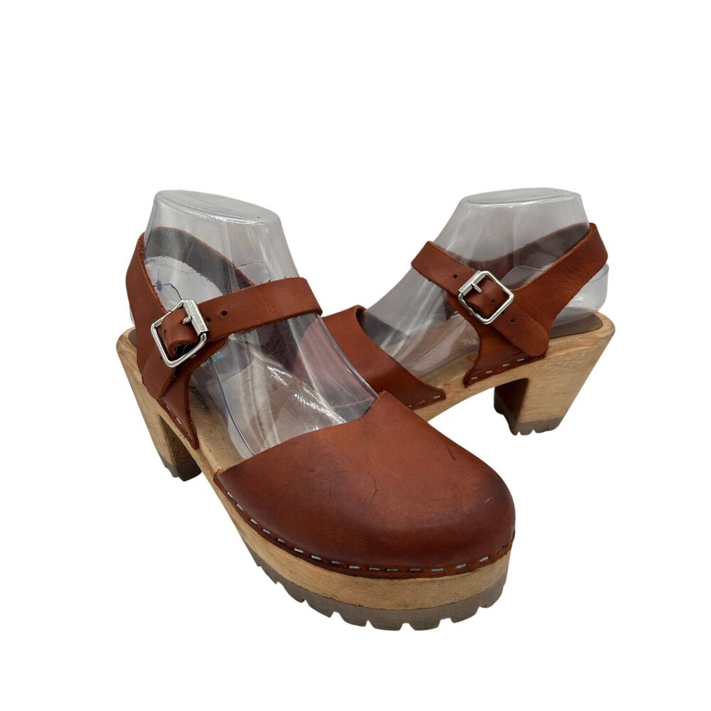 MIA Sofia brown leather clogs, wooden heal ankle straps women’s size 38